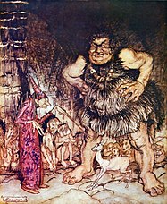 "The giant Galligantua and the wicked old magician transform the duke's daughter into a white hind", illustration to English Fairy Tales, by Flora Annie Steel