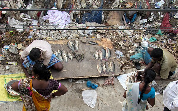 Busy fish market in the midst of garbage