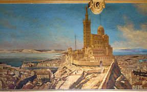 Détail de la fresque : la ville de Marseille, symbolisée par Notre-Dame-de-la-Garde.