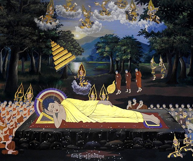 Traditional mural painting depicting Gautama Buddha entering parinirvana, Dharma assembly pavilion, Wat Botum Wattey Reacheveraram, Phnom Penh, Cambod