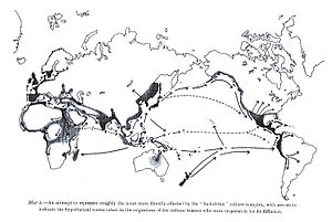 Cultural diffusion was already modelled and mapped long before Wilson, as here in the diffusion of heliolithic culture from Egypt, mapped by Grafton Elliot Smith (1928). Grafton Elliot Smith Cultural Diffusion Map from Egypt.jpg