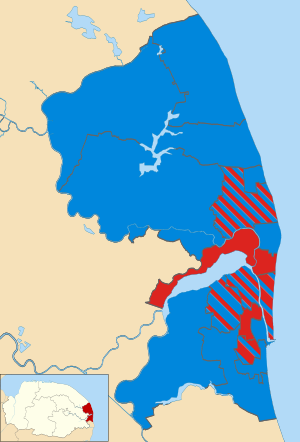 Map of the results of the 2004 Great Yarmouth council election. Conservatives in blue and Labour in red. Great Yarmouth UK local election 2004 map.svg