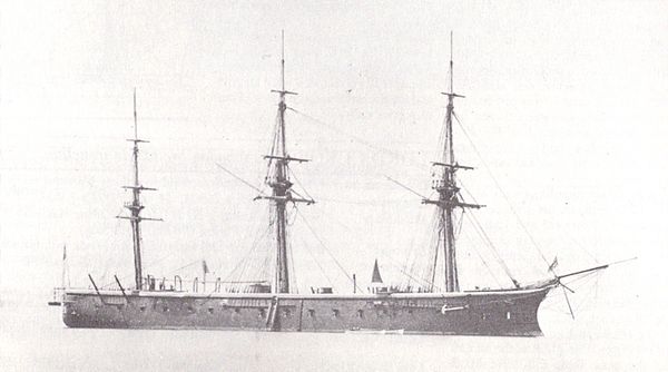 The central battery ship HMS Bellerophon, Lyons's flagship as Commander-in-Chief, North America and West Indies Station