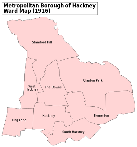 Hackney's traditional boundaries, together with electoral wards as of 1916