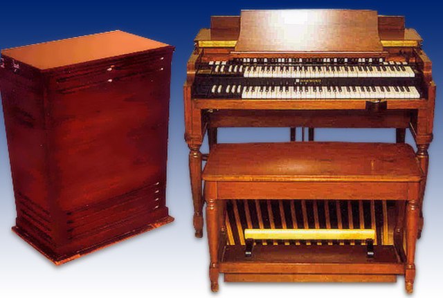 Hammond organ with part of a Leslie speaker shown