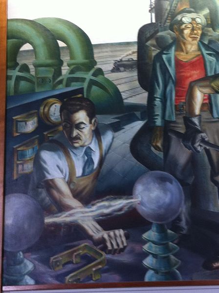 Muralist, Harry Sternberg, depicting a scientist in his mural "Chicago:Epoch of a Great City"