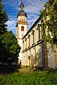 Nordfassade der Wallfahrtskirche Fährbrück in Hausen, Landkreis Würzburg, Bayern. Gebäude als Baudenkmal unter Aktennummer D-6-79-143-25 in der Bayerischen Denkmalliste aufgeführt.