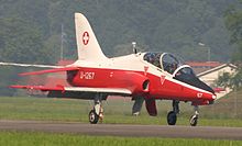 A BAE Hawk landing at Buochs, Switzerland Hawk Mk66 U-1267 (cropped).jpg