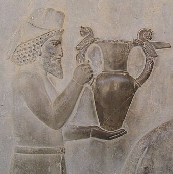 Detail of a relief of the eastern stairs of the Apadana, Persepolis, depicting Armenians bringing an amphora, probably of wine, to the king