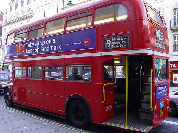 Rear platform of a Routemaster, with updated hand-rails for Heritage Route operation