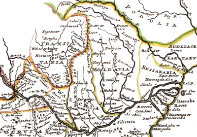 Herman Moll's map of the Danubian Principalities in 1726, showing Oltenia as the Aust[rian] partition of Wallachia Herman Moll's map of Turkey in Europe, Romanian areas (1726).png