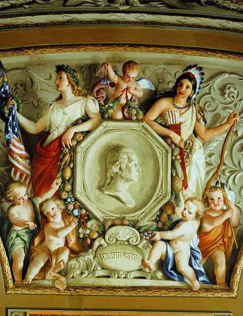 Detail from a 1855–56 fresco by Constantino Brumidi in the Capitol in Washington, D.C., showing two early symbols of America: Columbia (left) and the 
