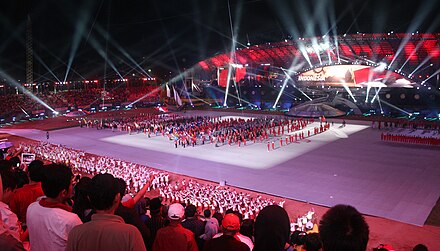 The athletes from host country Indonesia marching during 26th SEA Games opening ceremony, Friday, 11 November 2011. Gelora Sriwijaya Stadium, Palembang, Indonesia.