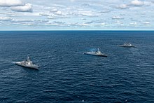 BMD maneuvers (October 6, 2022) JS Chokai(DDG-176), USS CHANCELLORSVILLE(CG-62)and ROKS SEJONG DAEWANG(DDG-991)during Japan-U.S.-ROK Trilateral Exercise in the Sea of Japan.jpg