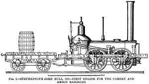 The U.S. locomotive John Bull, a Stephenson 0-4-0, in its original form before its 1832 alteration (see below).
