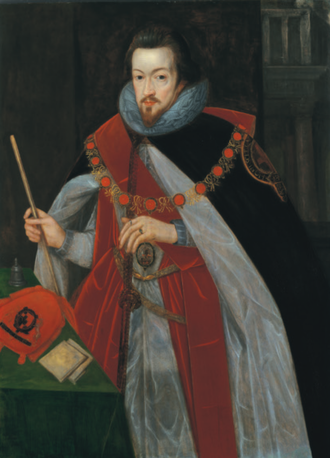 Robert Cecil, Earl of Salisbury depicted with the white staff of a Lord High Treasurer. Though a skilled treasurer, Salisbury was unable to significantly reduce the Crown's crippling debt before his death. John de Critz Robert Cecil Earl of Salisbury c 1608.png