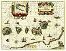 Holländische Karte der Molukken von Wilhelm Blaeu (ca. 1638).Die Nordausrichtung ist um 90° waagerecht nach rechts gedreht. Am unteren Rand der Karte ist mit „Gilolo I.“ die Westküste der Insel Halmahera dargestellt.