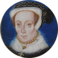 Katherine Brydges, Lady Dudley by Levina Teerlinc, c. 1560. A courtier to both Mary I and Elizabeth I. The daughter of John Brydges, 1st Baron Chandos and the wife of Edward Sutton, 4th Baron Dudley