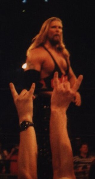 Nash, Scott Hall and Sean Waltman called themselves "The Wolfpac" and made hand gestures the crowd is seen giving Nash here.