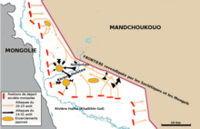 Mapa składa się ze strzałek pokazujących okrążenie Japończyków przez siły radzieckie.