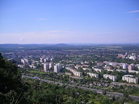 Communist housing developments in Tatabanya Kilatas delkelet fele a Kohegyrol, 2008 Tatabanya.jpg