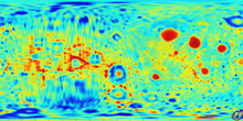 A visualization of the lunar gravity field based on spherical harmonic coefficients determined from Lunar Prospector data. The left side of the image shows the far side of the Moon where the increased uncertainty in the gravity field can be seen. LPgravityfield.png
