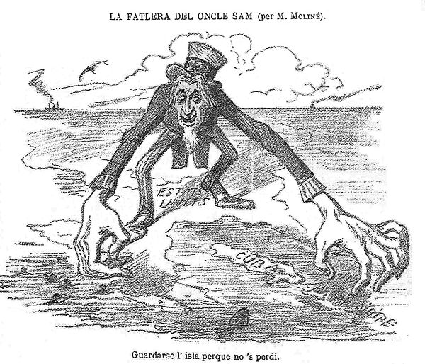 A Spanish propaganda drawing published in La Campana de Gràcia (1896) by Manuel Moliné criticizing U.S. behavior regarding Cuba. Upper text (in old Ca