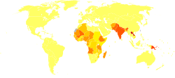 Disability-adjusted life year for leishmaniasis per 100,000 inhabitants.
.mw-parser-output .div-col{margin-top:0.3em;column-width:30em}.mw-parser-output .div-col-small{font-size:90%}.mw-parser-output .div-col-rules{column-rule:1px solid #aaa}.mw-parser-output .div-col dl,.mw-parser-output .div-col ol,.mw-parser-output .div-col ul{margin-top:0}.mw-parser-output .div-col li,.mw-parser-output .div-col dd{page-break-inside:avoid;break-inside:avoid-column}
.mw-parser-output .legend{page-break-inside:avoid;break-inside:avoid-column}.mw-parser-output .legend-color{display:inline-block;min-width:1.25em;height:1.25em;line-height:1.25;margin:1px 0;text-align:center;border:1px solid black;background-color:transparent;color:black}.mw-parser-output .legend-text{}
no data
less than 20
20-30
30-40
40-50
50-60
60-70
70-80
80-100
100-120
120-150
150-200
more than 200 Leishmaniasis world map - DALY - WHO2002.svg