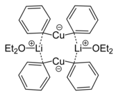 Structure of lithium diphenylcuprate(I) etherate,
2[Ph2Cu] Li*2OEt2. Lithium-diphenylcuprate-etherate-dimer-from-xtal-2D-skeletal.png