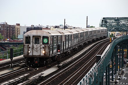 An express 6 train on the IRT Pelham Line, a three-tracked New York City Subway line