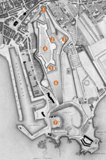 19th century map: 1: North Outworks; 2: East Ditch; 3: East Outworks; 4: Parade ground; 5: Counterguard; 6: Glacis; 7: South Hill Map Fort Regent Jersey.png