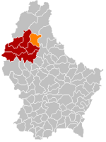 Комуна Кішпельт (помаранчевий), кантон Вільц (темно-червоний) та округ Дікірх (темно-сірий) на карті Люксембургу