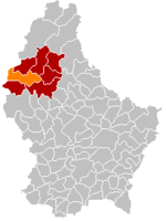 Комуна Лак-де-ла-От-Сур (помаранчевий), кантон Вільц (темно-червоний) та округ Дікірх (темно-сірий) на карті Люксембургу