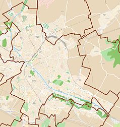 Mapa konturowa Reims, blisko centrum na lewo znajduje się punkt z opisem „Synagoga w Reims”