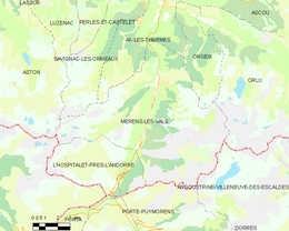 Carte de la commune de Mérens-les-Vals et des proches communes.