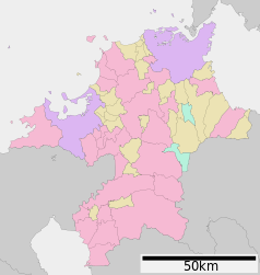 Mapa konturowa prefektury Fukuoka, na dole znajduje się punkt z opisem „Yame”