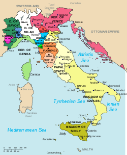 ایتالیا در ۱۴۹۴ میلادی؛ جمهوری لوکا با رنگ سبز در شمال غربی فلورانس مشخص شده‌است.