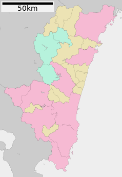 Mapa konturowa prefektury Miyazaki, blisko centrum na dole znajduje się punkt z opisem „Miyazaki”