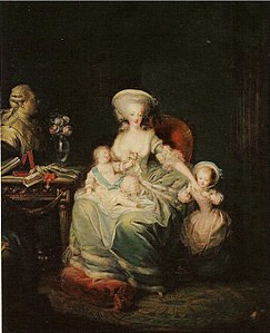 Marie-Antoinette d'Autriche, avec ses enfants : le dauphin Louis-Joseph-Xavier et sa fille Madame Royale, vers 1781, par Charles Le Clercq.