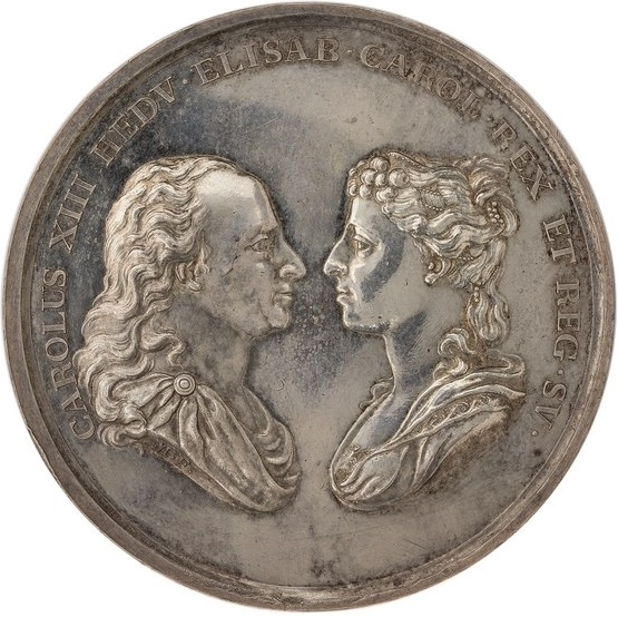 Fil:Medalj präglad till Karl XIIIs och Hedvig Elisabeth Charlottas kröning 29 juni 1809 - Skoklosters slott - 99576.tif