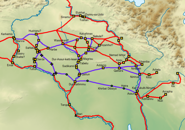 Approximate map of the Middle Assyrian road system. The roads in purple are archaeologically attested and the roads in red are also likely to have existed.[105]