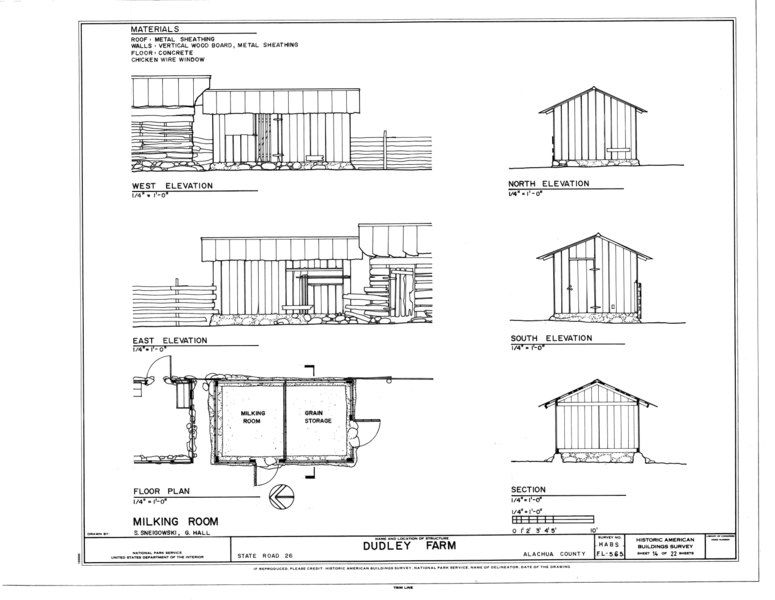 File:Milking Room - Elevations, Floor Plan and Section - Dudley Farm, Farmhouse and Outbuildings, 18730 West Newberry Road, Newberry, Alachua County, FL HABS FL-565 (sheet 14 of 22).tif