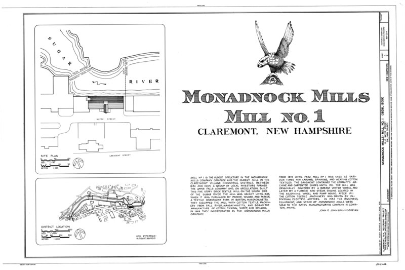 File:Monadnock Mills, Mill No. 1, 13-17 Water Street, Claremont, Sullivan County, NH HAER NH,10-CLAR,6A (sheet 1 of 5).tif