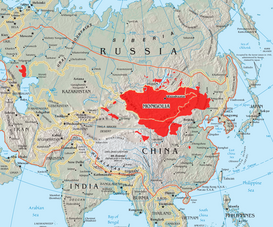 Mapa que muestra el límite del Imperio mongol del siglo XIII y la ubicación de los mongoles actuales en la Mongolia moderna, Rusia y China.