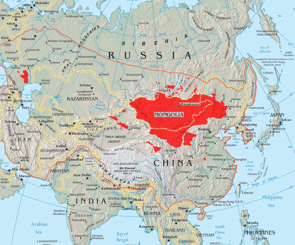 A map of the places that Mongolic peoples live. The orange line shows the extent of the Mongol Empire in the late 13th century. The red areas are the places dominated by the Mongolic groups.