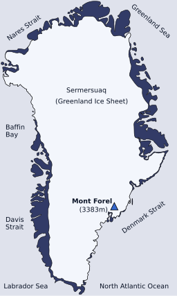 Mont Forels läge i Grönland