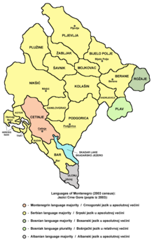 Linguistic map of the Republic of Montenegro according to the 2003 census. Montenegro languages2003.png