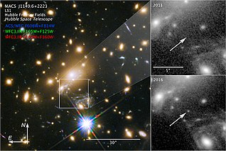 MACS J1149 Lensed Star 1 Blue supergiant and most distant star from earth detected in the constellation Leo