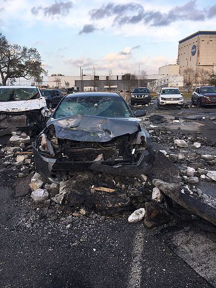 Damage to vehicles at the National Finance Center. National Finance Center tornado damage 2017-02-08.jpg