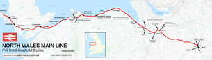 Map of the North Wales Main Line, with a "Broughton" station marked between Shotton and Chester North Wales Main line Map.png